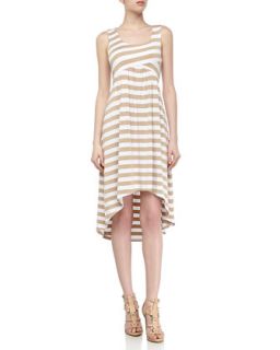 Sleeveless High Low Striped Stretch Knit Maxi Dress, Khaki/White