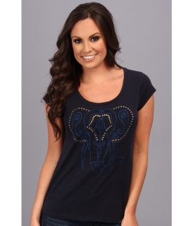 Lucky Brand Elephant Embroidered Tee Womens Short Sleeve Pullover (Navy)