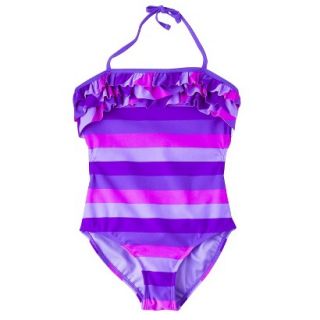 Girls 1 Piece Striped Swimsuit   Purple XL