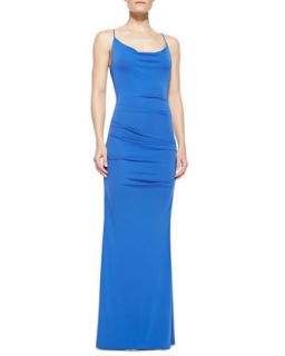 Womens Spaghetti Strap Ruched Gown, Classic Blue   Nicole Miller