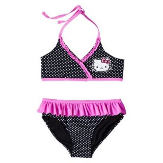 Hello Kitty Girls 2 Piece Halter Polka Dot Bikini Swimsuit Set   Black XS