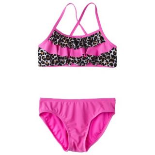 Girls 2 Piece Ruffled Leopard Spot Bandeau Bikini Swimsuit Set   Pink M