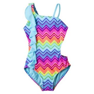Girls 1 Piece Ruffled Chevron Swimsuit   Rainbow XL