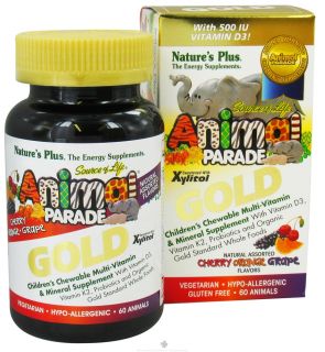 Natures Plus   Source of Life Animal Parade Gold Childrens Chewable Multi Vitamin & Mineral Natural Assorted Cherry, Orange, Grape Flavors   60 Chewable Tablets