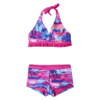 Girls 2 Piece Halter Tie Dye Bikini Swimsuit Set   Pink/Blue L