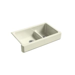 KOHLER Whitehaven Under Mount Cast Iron 21.5625x35.5x9.625 0 Hole Double Bowl Kitchen Sink in Cane Sugar K 6426 FD