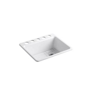 KOHLER Riverby Top Mount Cast Iron 22x33x9.625 5 Hole Single Bowl Kitchen Sink in White K 5872 5UA1 0