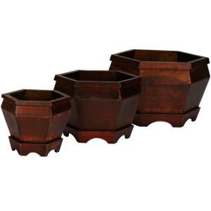 Nearly Natural 7.5 in. H Brown Wooden Hexagon Decorative Planter (Set of 3) 507