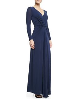 Long Sleeve Jersey Gown with Twist Detail, Navy   Halston Heritage
