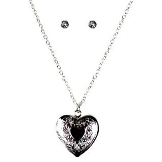 Stud Earrings and Heart Pendant Necklace Set   Silver