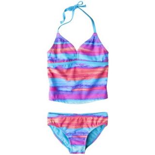 Girls 2 Piece Striped Halter Tankini Swimsuit Set   Blue XL