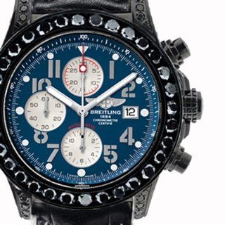 35 ct Black diamond Breitling Super Avenger Watch Blue Dial Numbers Black Leather Band: Watches