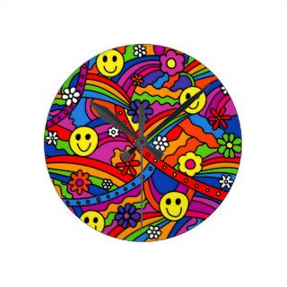 Smiley Face Rainbow and Flower Hippy Pattern Wallclock
