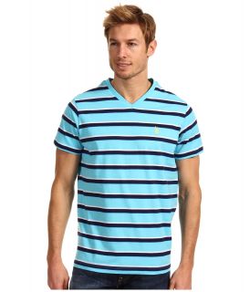 U.S. Polo Assn Striped V Neck T Shirt with Small Pony Mens T Shirt (Blue)