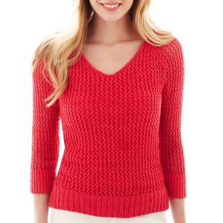 3/4 Sleeve Pointelle Tape Yarn Sweater, Red, Womens
