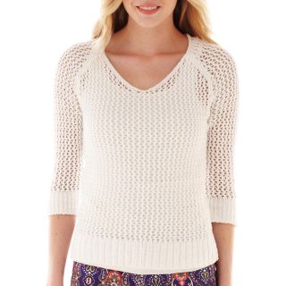 3/4 Sleeve Pointelle Tape Yarn Sweater, White, Womens