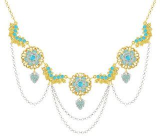Necklace Designed by Lucia Costin with Lace Like Pattern, 6 Petal Flowers and Leaf Ornaments, Accented with Falling Chains, Turquoise and Mint Blue Swarovski Crystals; 24K Yellow Gold Plated over .925 Sterling Silver: Lucia Costin: Jewelry