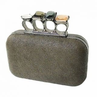 Luxury Divas Pewter Gray Jeweled Knuckled Ring Clutch Evening Bag: Shoes