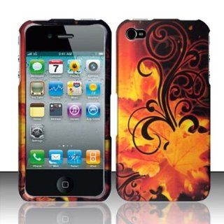 Apple iPhone 4 & 4S Protector Case COMPATIBLE RUBBERIZED ORANGE CASE IN PERSONAL STYLISH / GOLDEN LEAVES DESIGN SERIES J8 for AT&T, Verizon, and Sprint: Cell Phones & Accessories