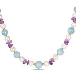 Miadora Sterling Silver 51ct TGW Multicolor Gemstone Pearl Necklace Miadora Pearl Necklaces
