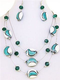 Fashion Jewelry ~ Blue and White Ceramic Oval Beads with Round Silver Beads Necklace and Earring Set: Jewelry
