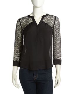 Lace Inset Accordion Pleated Blouse, Black