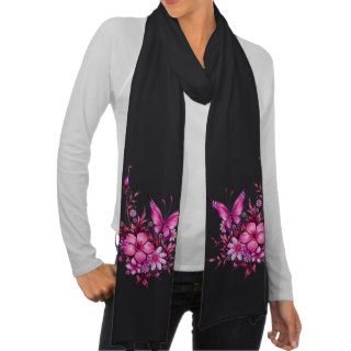 Butterfly Pink Floral Flowers on Black Scarves