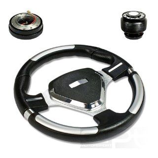 SW T220+HUB OH124+QL 2, 320mm 12.5" Black PVC Leather Silver Spoke 6 Hole Racing Aluminum Steering Wheel with OH124 Short Hub Adapter and 2" Slim Quick Release with Horn Button Automotive