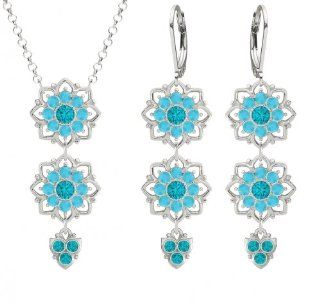 Victorian Style Jewelry Set: Pendant and Earrings by Lucia Costin with Turquoise   Green and Turquoise Swarovski Crystals, Adorned with Delicate 8 Petal Flowers; .925 Sterling Silver: Lucia Costin: Jewelry