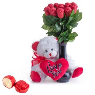 Strawberry Balsamic Belgian Chocolate Truffle Roses Held by Teddy Bear for Mother's Day (12 Chocolate Flowers) : Grocery & Gourmet Food
