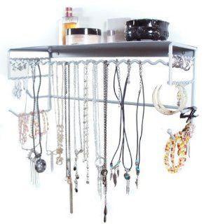 Silver 17" Wall Mount Jewelry & Accessory Storage Rack Organizer Shelf for Earrings, Bracelets, Necklaces, & Hair Accessories   Closet Hanging Jewelry Organizers