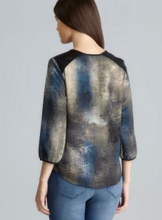 Love Stitch Abstract Print Faux Leather Detail Keyhole Front Top Love Stitch Long Sleeve Shirts