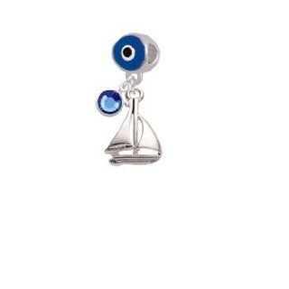 Antiqued Silver Sailboat Blue Evil Eye Charm Bead Dangle with Crystal Drop: Jewelry