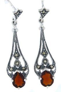 Victorian Teardrop Red CZ & Marcasite Sterling Silver Dangle Earrings   New: Marcasite & Teardrop Garnet: Jewelry