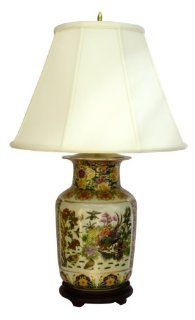 Stunning Tong Chi Satsuma style porcelain lamp from China   rosewood stand to compliment this finely detailed Satsuma porcelain   30" H.   Table Lamps