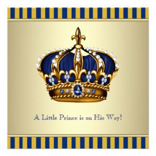 Blue Gold Crown Little Prince Boy Baby Shower Personalized Invites