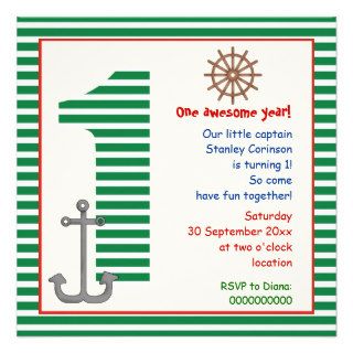 Nautical green, white sailboat 1st birthday party personalized invitations