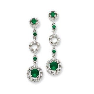 Sterling Silver Green Glass & CZ Dangle Post Earrings: Jewelry