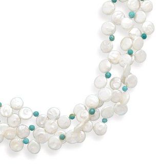 CleverSilver's 16 Inch Triple Strand Coin Pearl And Turquoise Bead Necklace: Pendant Necklaces: Jewelry