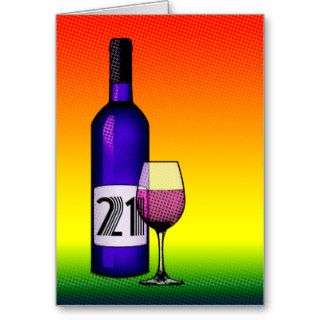 21st birthday : halftone wine bottle and glass cards