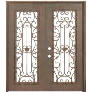 Trento 62 in. x 81 in. Copper Prehung Right Hand Inswing Wrought Iron Double Straight Top Entry Door TR118 3