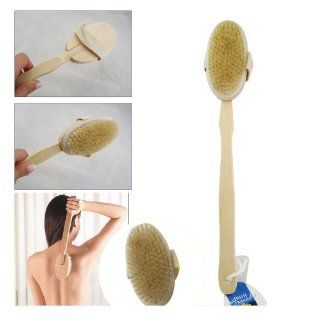 Natural Wood Bristle Spa Bath Shower Body Brush Long Handle Back Scrub Massage : Shower Leg Brush : Beauty