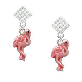Hot Pink Flamingo Clear Crystal Diamond Shaped Lulu Post Earrings [Jewelry] Dangle Earrings Jewelry