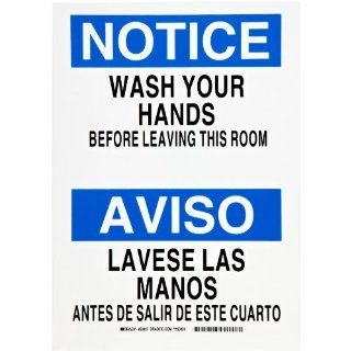 Brady 90807 10" Width x 14" Height B 302 Polyester, Black and Blue on White Bilingual Sign, English and Spanish, Header "Notice/Aviso", Legend "Wash Your Hands Before Leaving this Room/Lavese las Manos Antes de Salir de Este Cuarto
