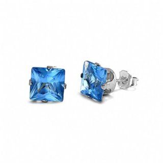 Sterling Silver Square Princess Cut 5mm December Blue Zircon Birthstone Stud Earrings: Earrings Cubic Zirconia Square Blue: Jewelry