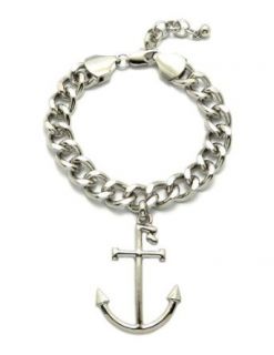 Silver Tone Navy Anchor Charm Bracelet 10mm 7.25" Link Chain XB387R: Costume Accessories: Clothing