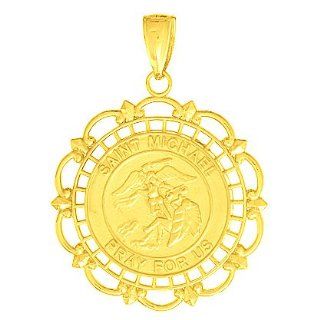 14k Gold Religious Necklace Charm Pendant, Saint Michael Medal In Lace Frame: Million Charms: Jewelry
