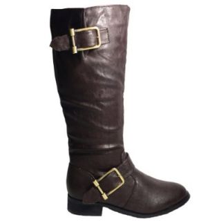 Women's Knee High Low Heels Motorcycle Riding Boots Brown , 8.5 Shoes