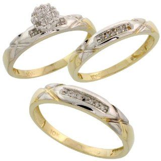 10k Yellow Gold Diamond Trio Engagement Wedding Ring Set for Him and Her 3 piece 4 mm & 3.5 mm wide 0.13 cttw Brilliant Cut, ladies sizes 5   10, mens sizes 8   14 Jewelry