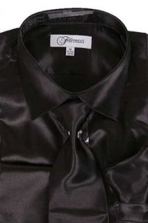 Men's Black Shiny Satin Dress Shirt w/ Matching Necktie & Pocket Square at  Mens Clothing store